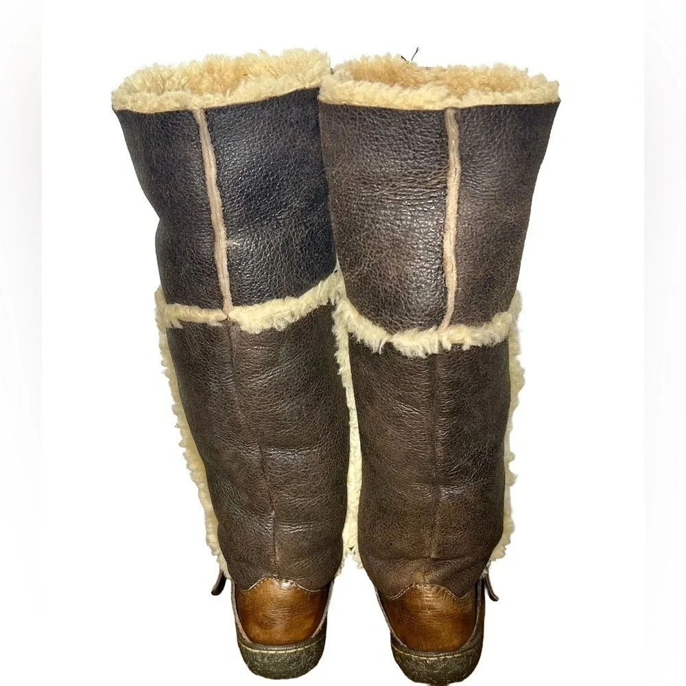 Vintage Born Western Leather Shearling Knee High Boots in Brown & Cream, Size 7